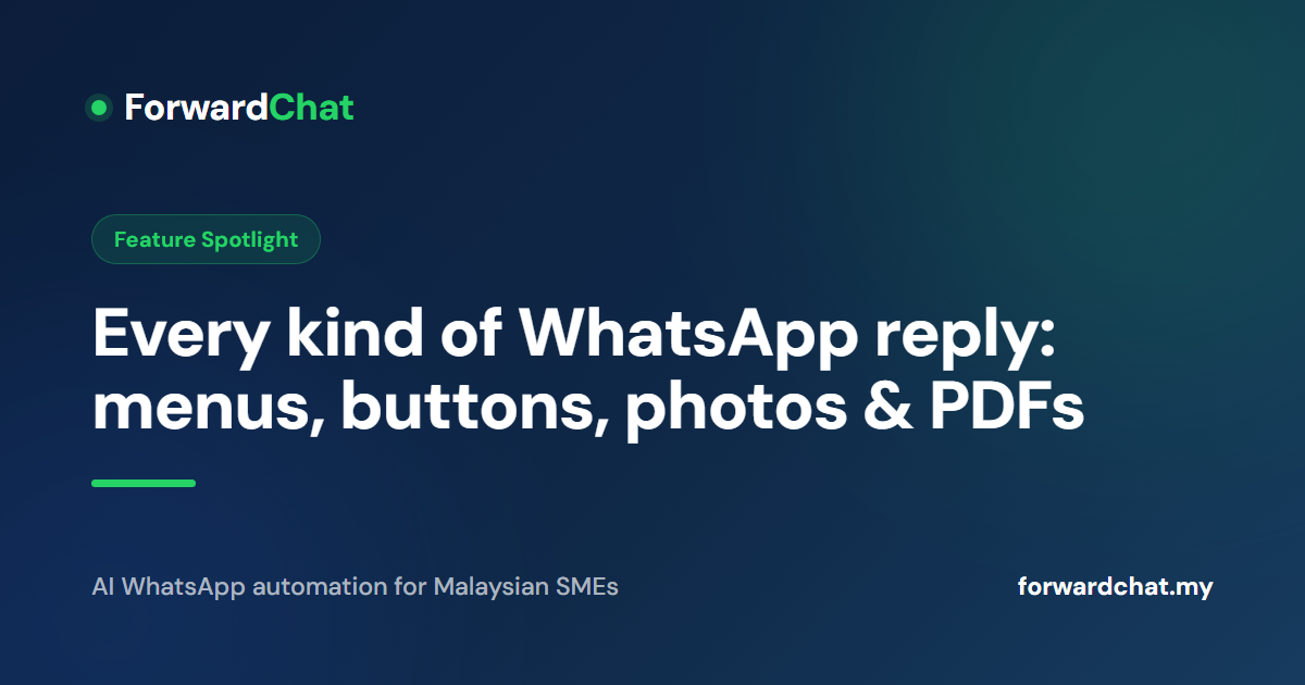 WhatsApp chat showing a tappable menu, quick-reply buttons, and a PDF document reply